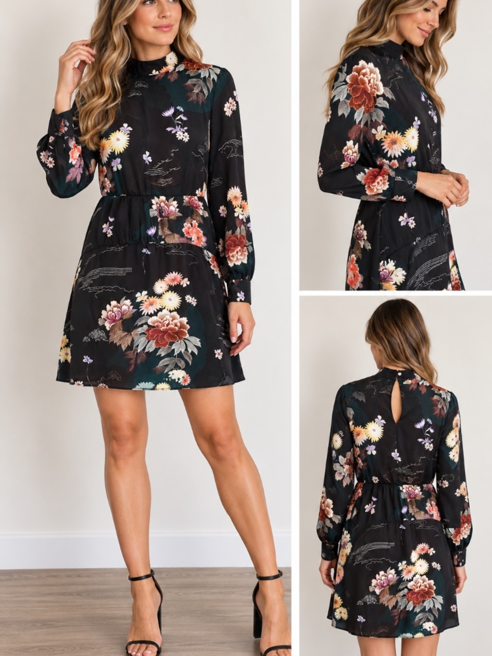 Zara Camila L Black Floral Mini Dress NWT High Neck Long Sleeve Boho Whimsigoth